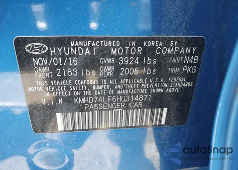 2017 Hyundai Elantra Se z USA, uszkodzony, nr VIN KMHD74LF6HU314871